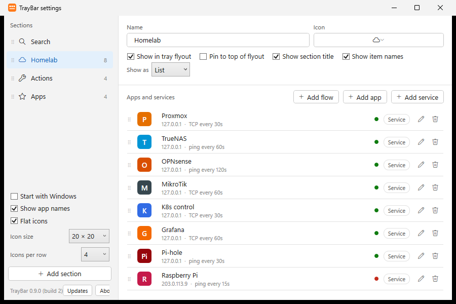 TrayBar settings listing homelab services with their check methods and intervals